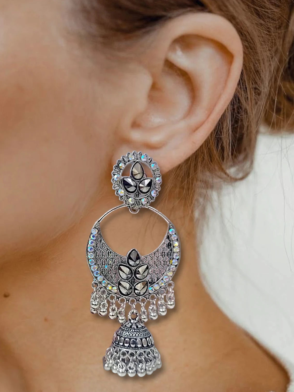 Mirror Glam Oxidized Chandbali for Women Brass, Earring Set, Jhumka