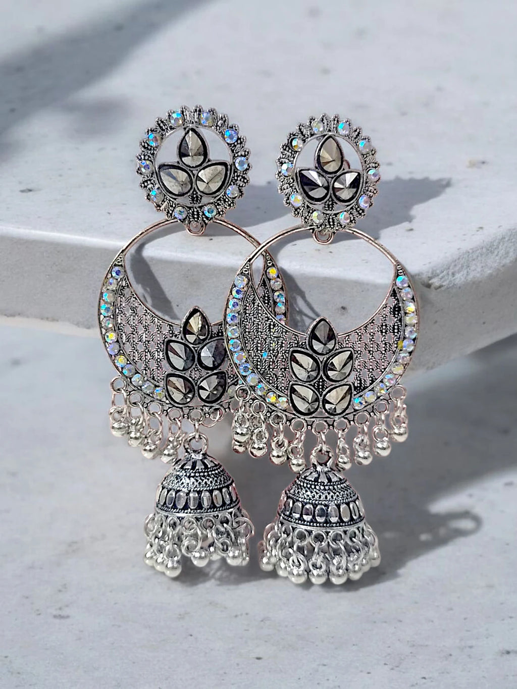 Mirror Glam Oxidized Chandbali for Women Brass, Earring Set, Jhumka