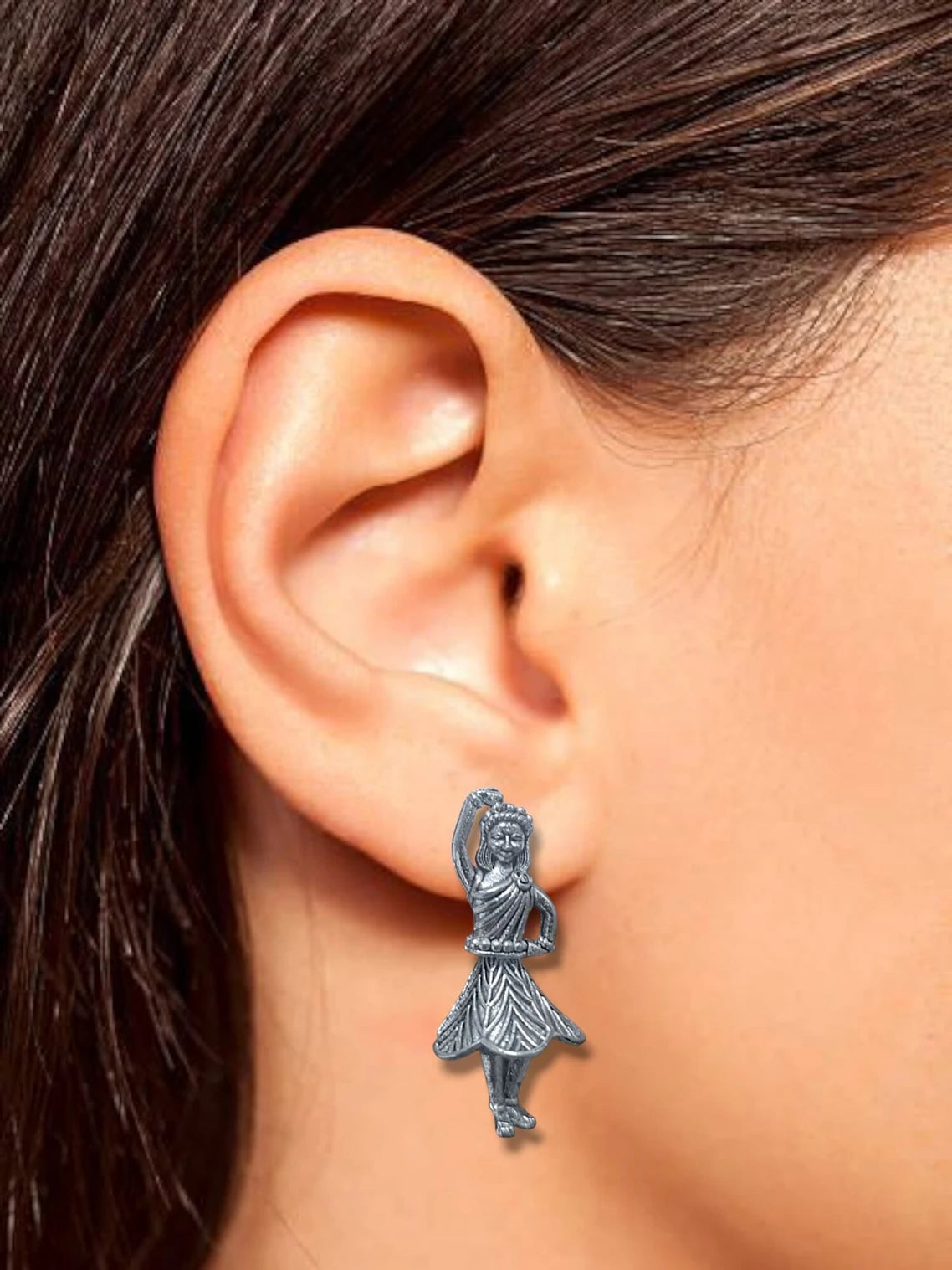 Rotating Dancing Girl Silver Oxidised Statement Adjustable Earring Alloy, Silver Clip-on Earring, Plug Earring