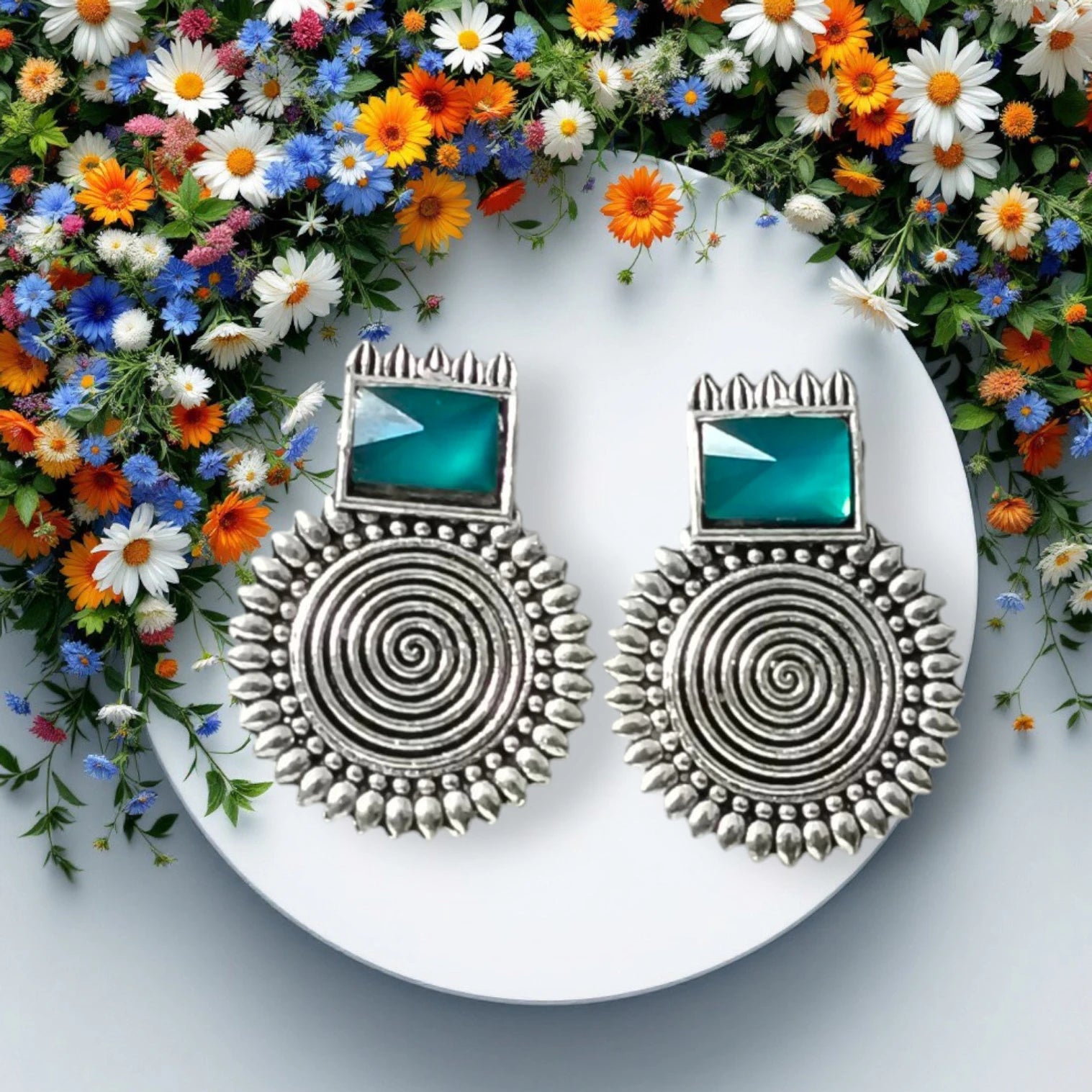 Oxidized Boho Spiral Earrings with Glass Stone | Vintage Look Ethnic Studs Brass, Alloy, Crystal Hoop