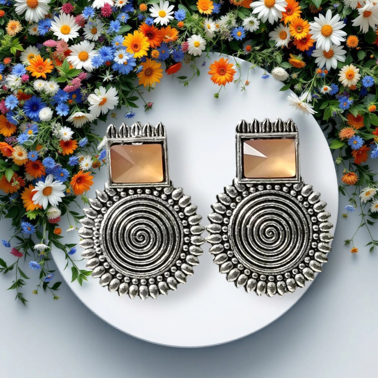 Oxidized Boho Spiral Earrings with Glass Stone | Vintage Look Ethnic Studs Brass, Alloy, Crystal Hoop