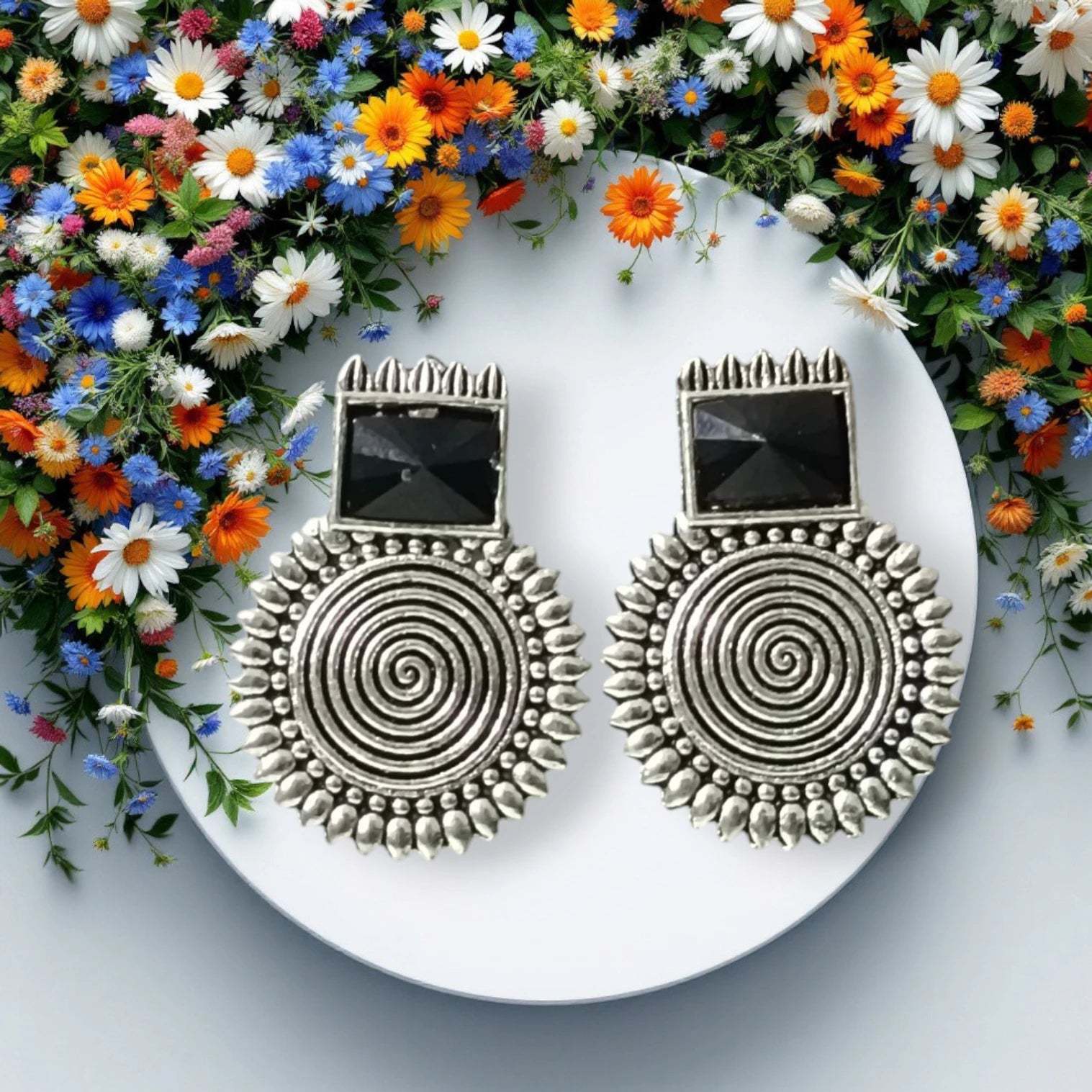 Oxidized Boho Spiral Earrings with Glass Stone | Vintage Look Ethnic Studs Brass, Alloy, Crystal Hoop