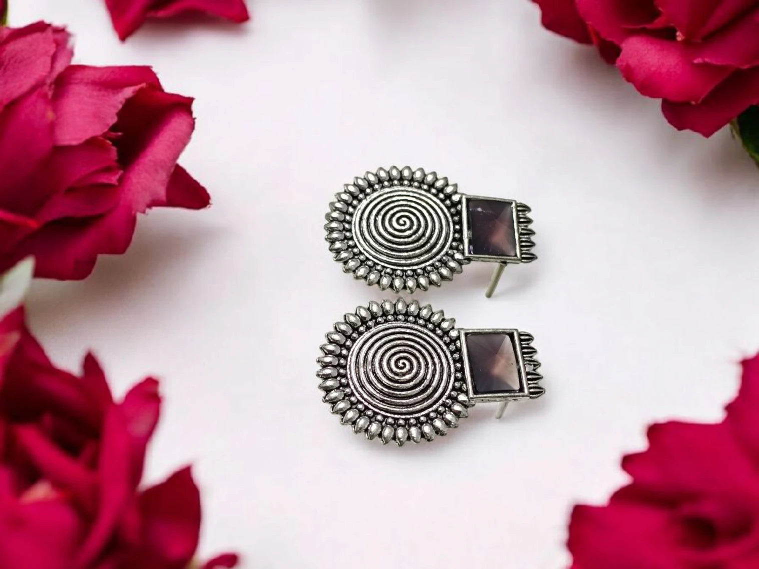 Oxidized Boho Spiral Earrings with Glass Stone | Vintage Look Ethnic Studs Brass, Alloy, Crystal Hoop