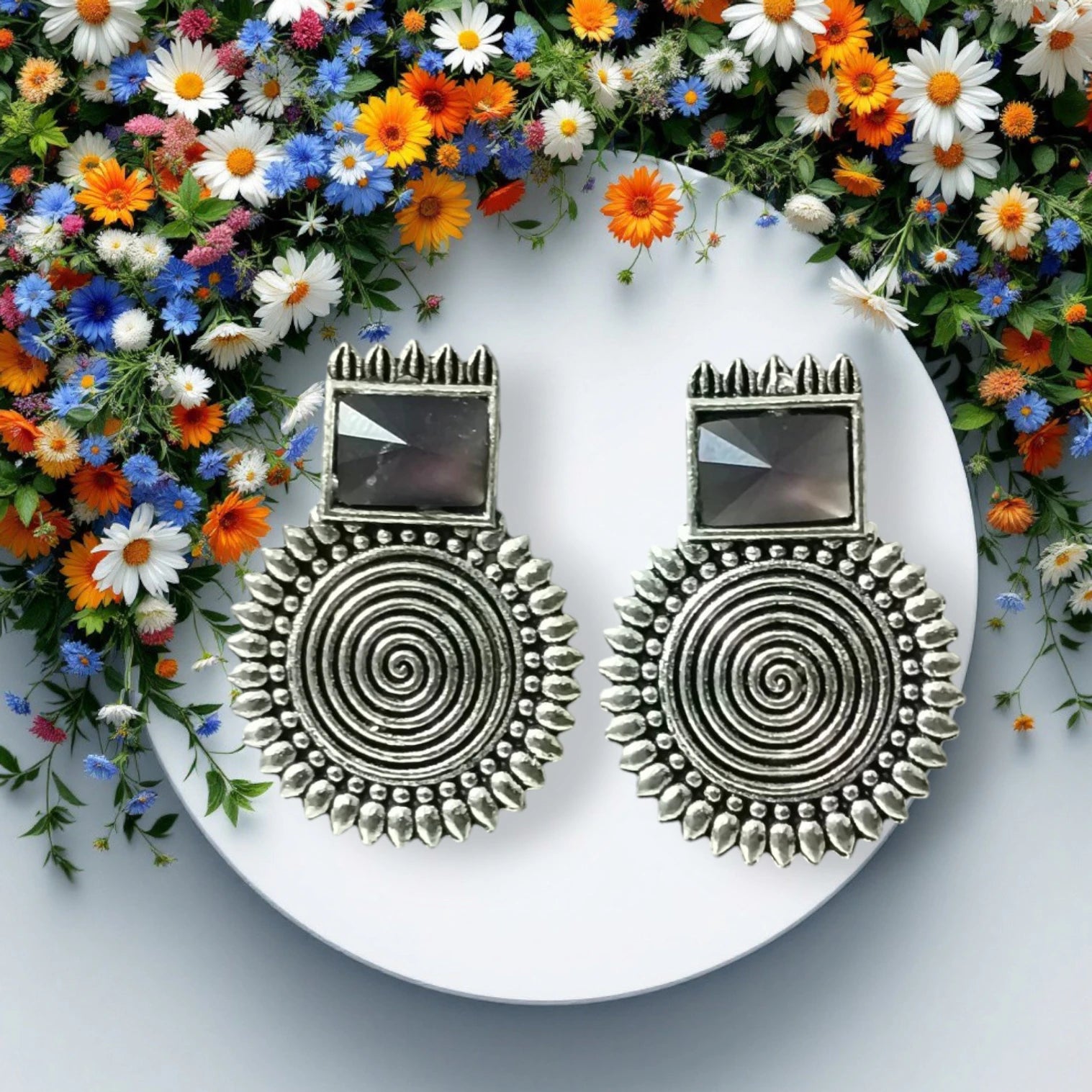 Oxidized Boho Spiral Earrings with Glass Stone | Vintage Look Ethnic Studs Brass, Alloy, Crystal Hoop