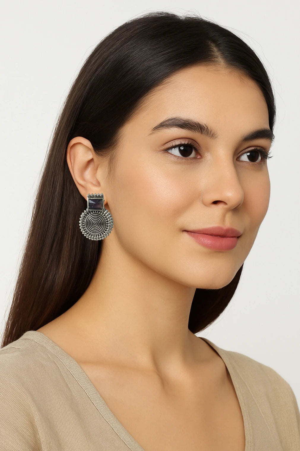 Oxidized Boho Spiral Earrings with Glass Stone | Vintage Look Ethnic Studs Brass, Alloy, Crystal Hoop