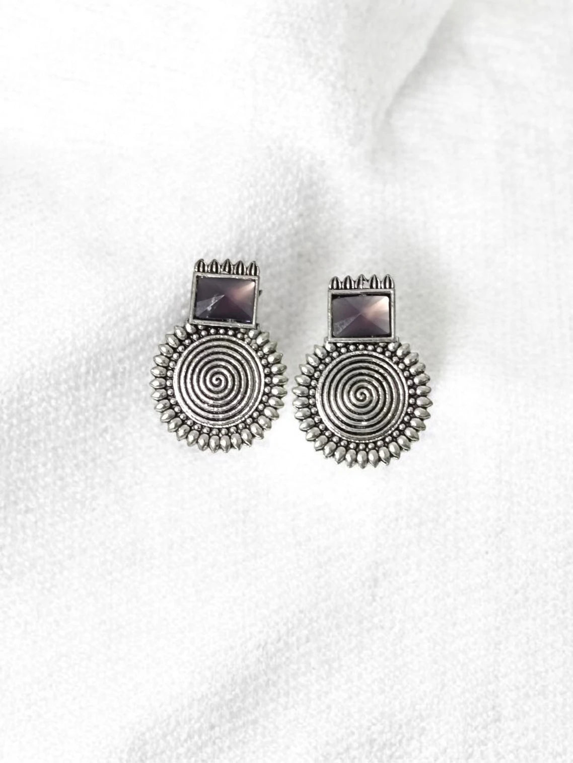 Oxidized Boho Spiral Earrings with Glass Stone | Vintage Look Ethnic Studs Brass, Alloy, Crystal Hoop