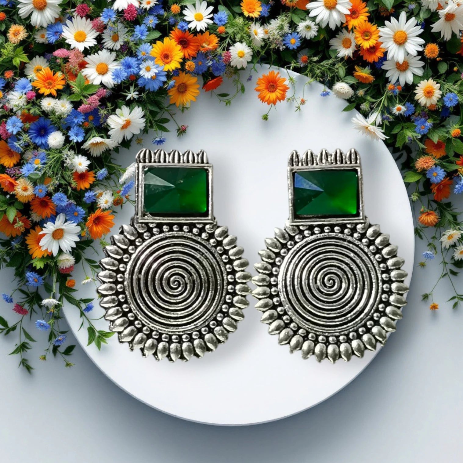 Oxidized Boho Spiral Earrings with Glass Stone | Vintage Look Ethnic Studs Brass, Alloy, Crystal Hoop