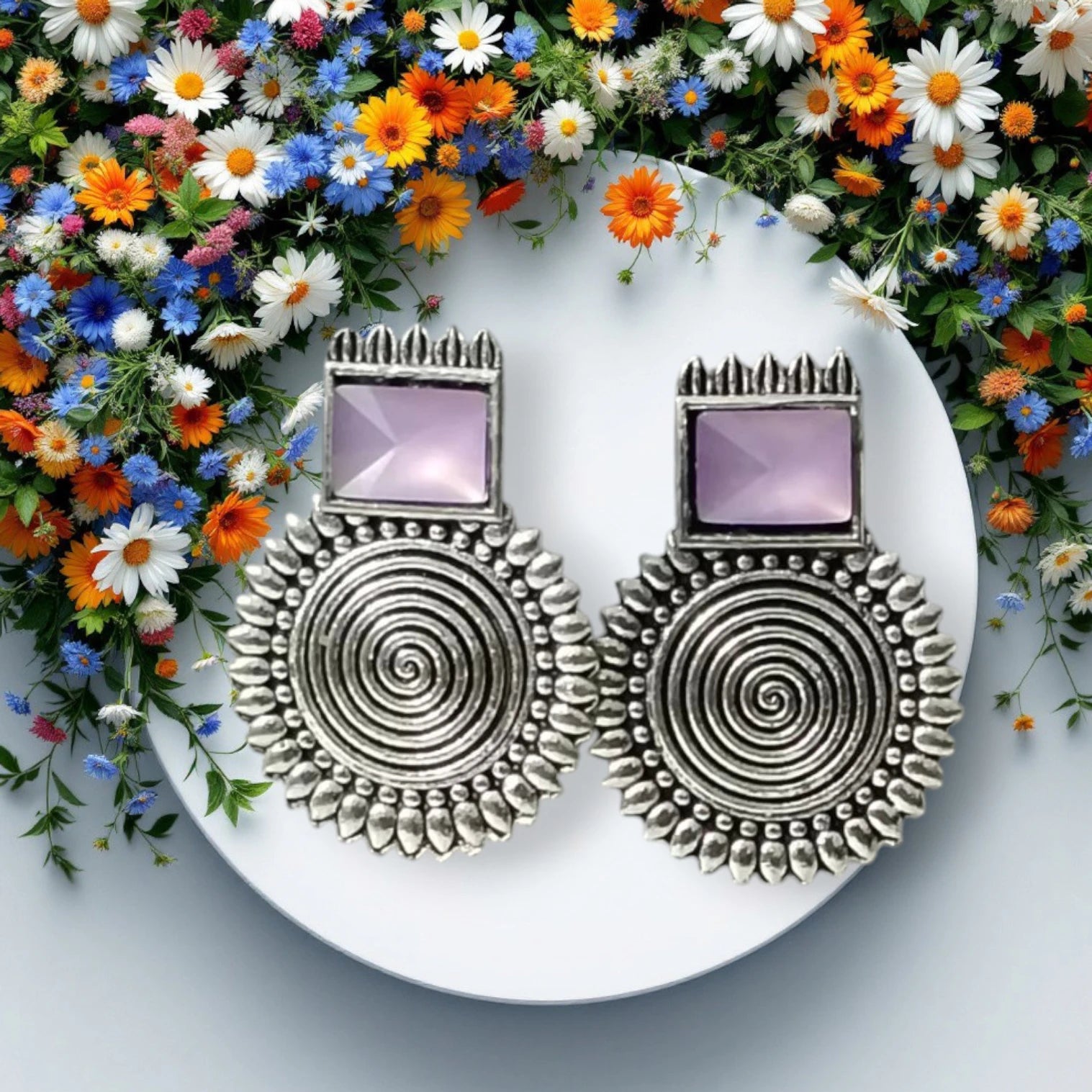 Oxidized Boho Spiral Earrings with Glass Stone | Vintage Look Ethnic Studs Brass, Alloy, Crystal Hoop