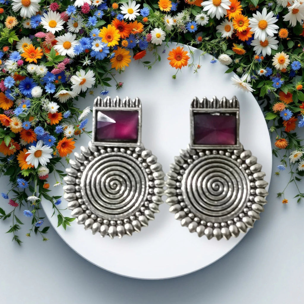 Oxidized Boho Spiral Earrings with Glass Stone | Vintage Look Ethnic Studs Brass, Alloy, Crystal Hoop