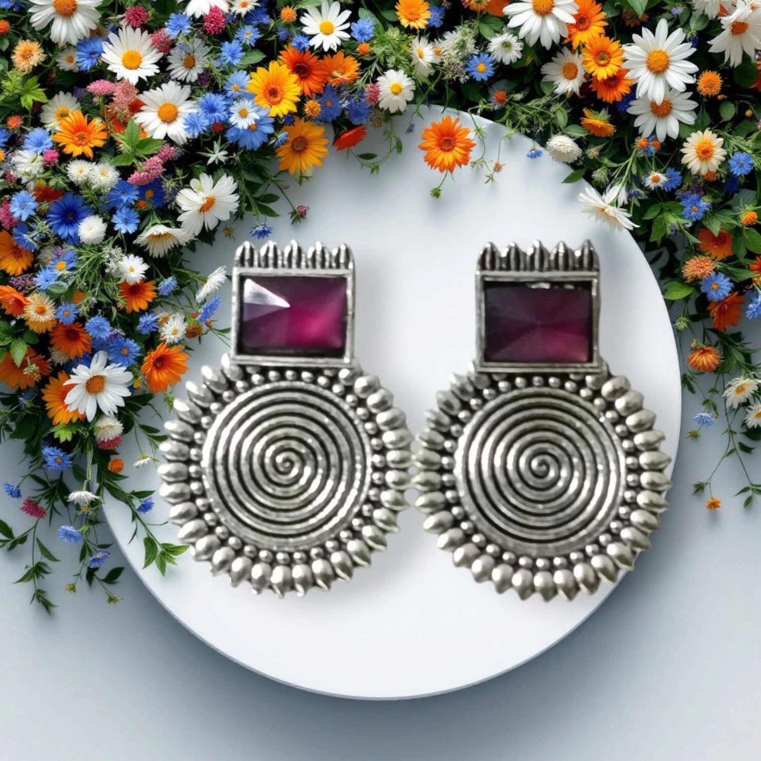 Oxidized Boho Spiral Earrings with Glass Stone | Vintage Look Ethnic Studs Brass, Alloy, Crystal Hoop