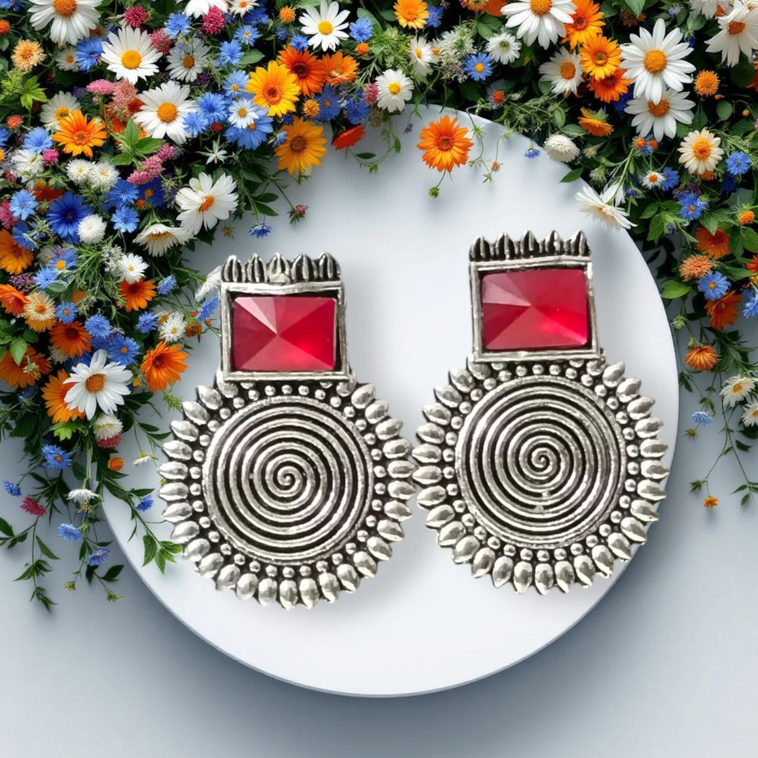 Oxidized Boho Spiral Earrings with Glass Stone | Vintage Look Ethnic Studs Brass, Alloy, Crystal Hoop