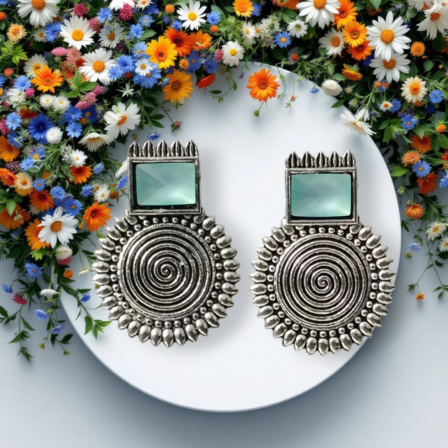 Oxidized Boho Spiral Earrings with Glass Stone | Vintage Look Ethnic Studs Brass, Alloy, Crystal Hoop