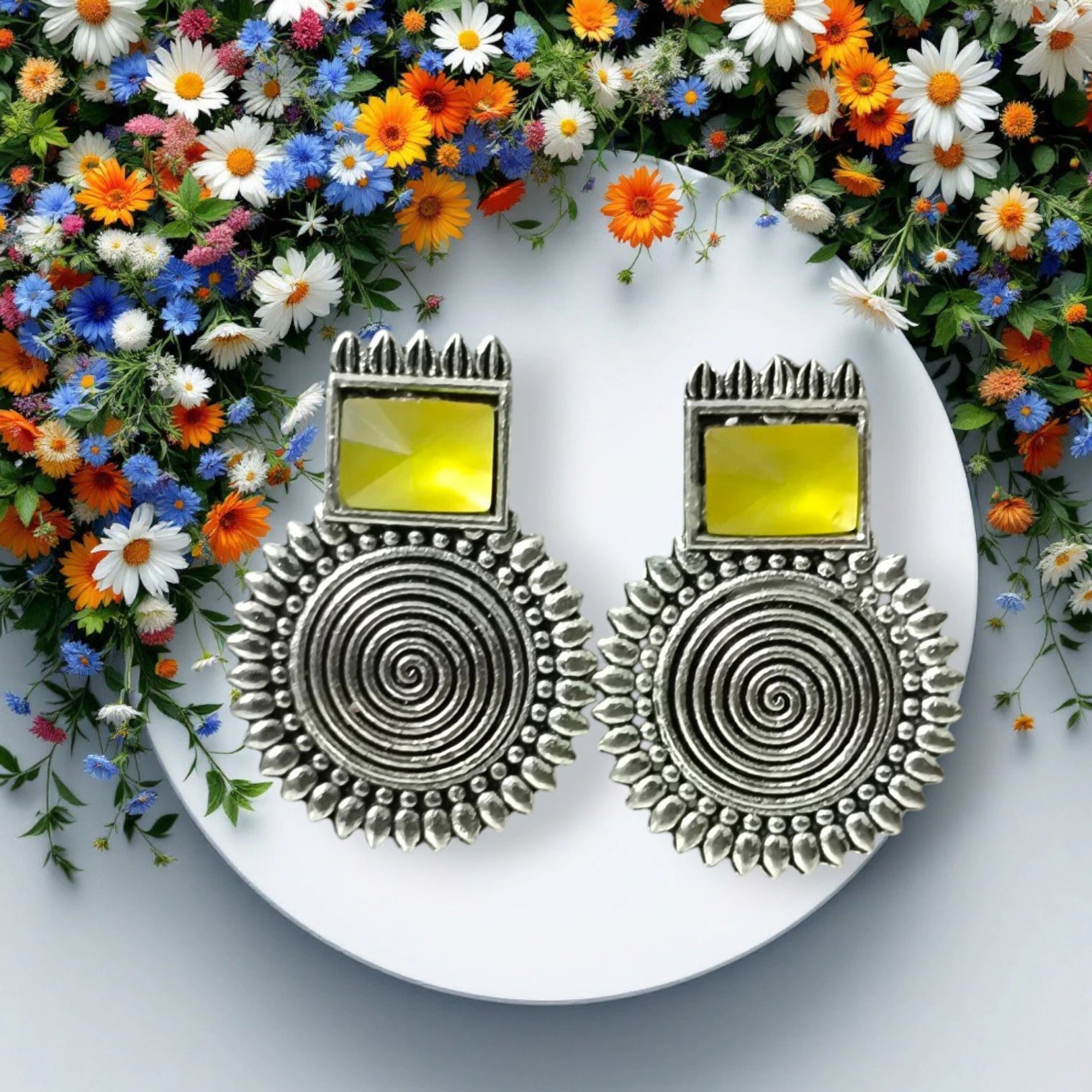 Oxidized Boho Spiral Earrings with Glass Stone | Vintage Look Ethnic Studs Brass, Alloy, Crystal Hoop